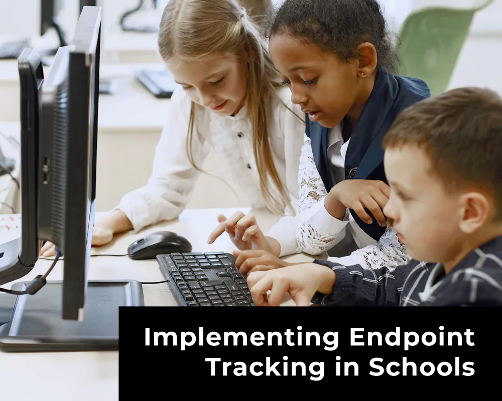 Diagram showing endpoint tracking implementation in schools with secure systems, student information protection, and BYOD safety for digital learning environments.