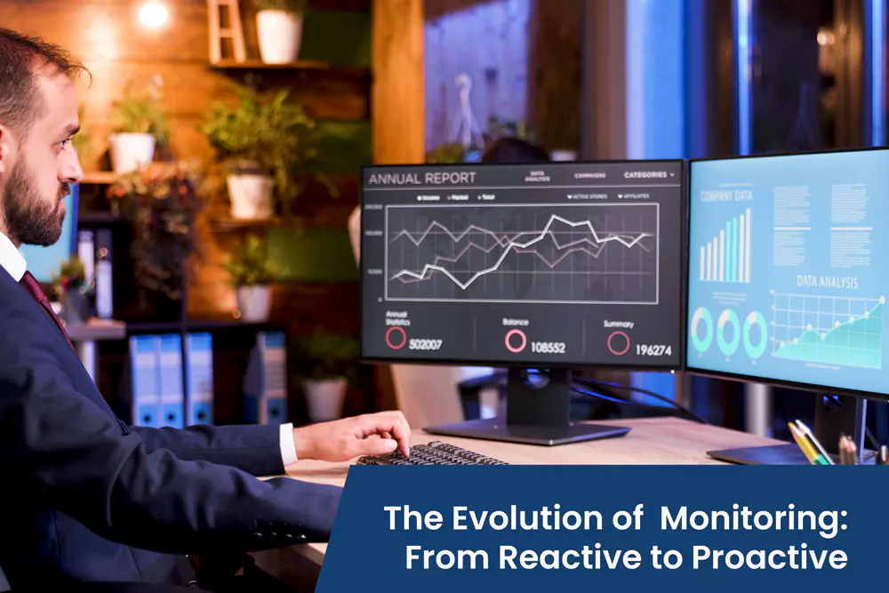 Illustration showing the transition from traditional reactive IT monitoring with limited visibility and delayed response to modern proactive monitoring with integrated systems and predictive analytics.